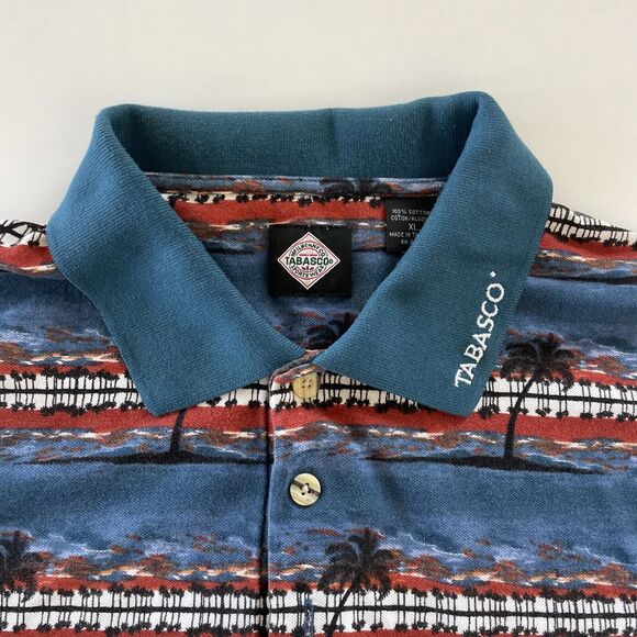 Vintage Tabasco Hot Sauce Polo Shirt Men's XL All Over Print Ocean Beachy Retro‎ - Picture 2 of 10